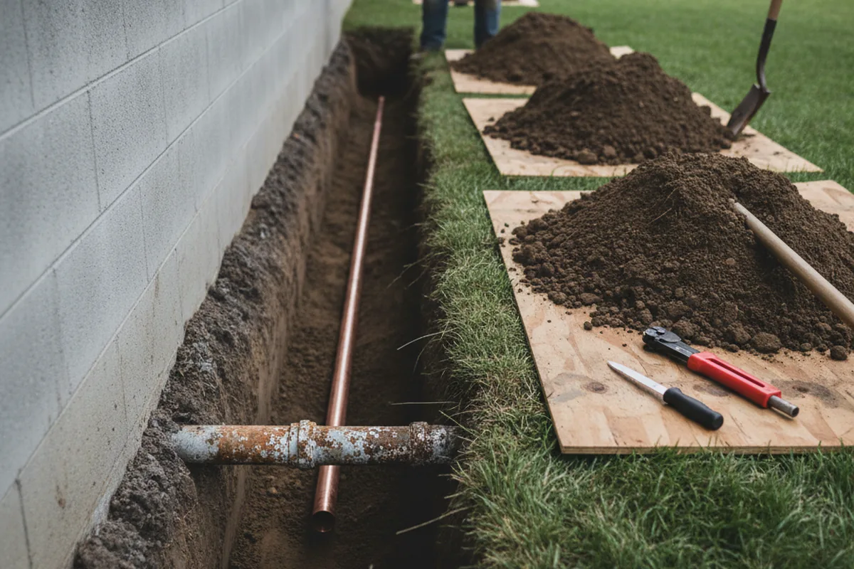 Excavated water line trench during Sewer Line Repair in Lennox